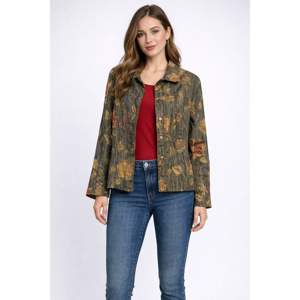 Chicos Floral Tapestry Jacket Women's Size 1 (M)Olive Green Gold Red Button Up